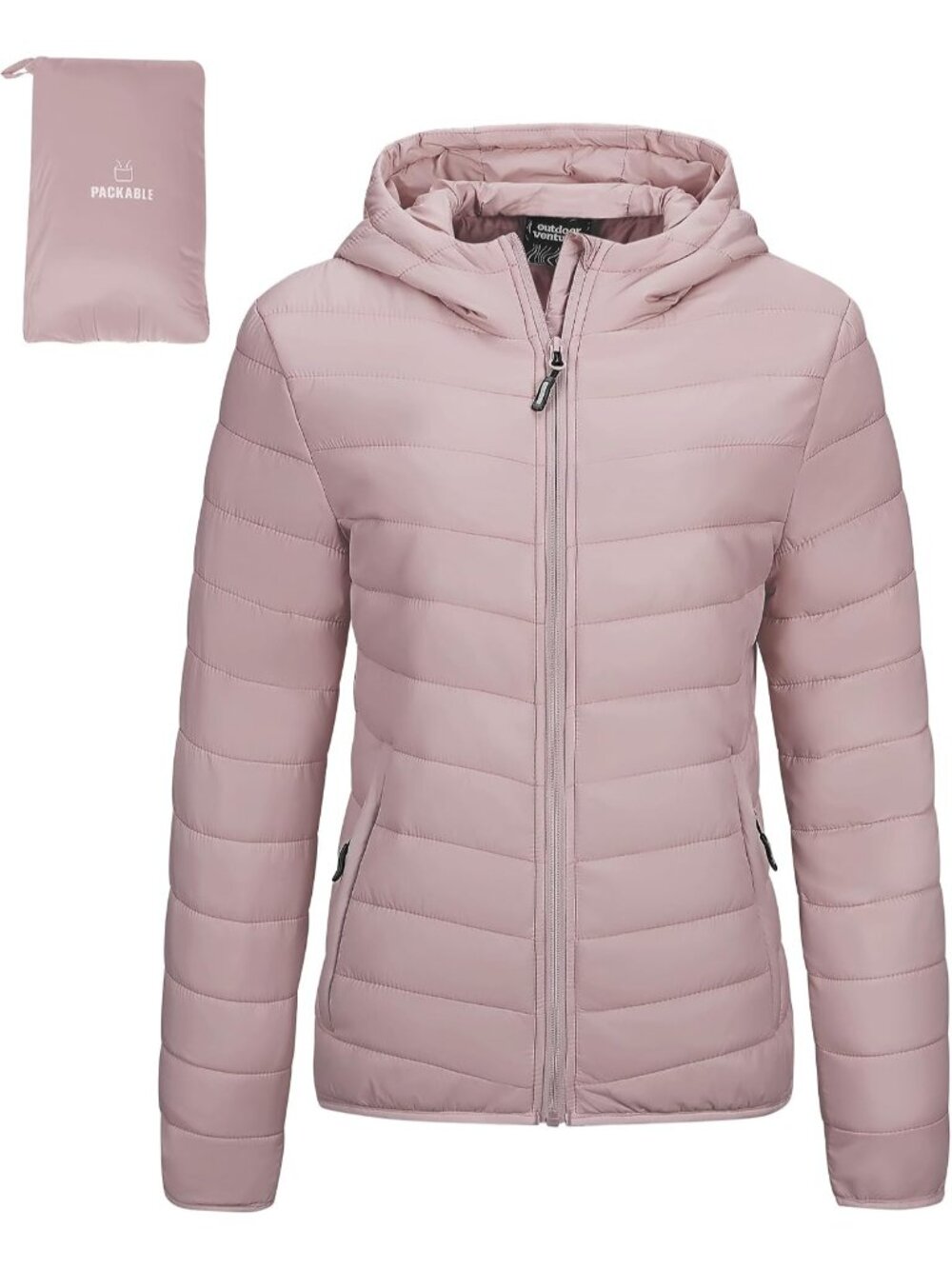 Women Baby Pink Solid Packable Hooded Full-Zip Warm Winter Quilted Puffer Jacket